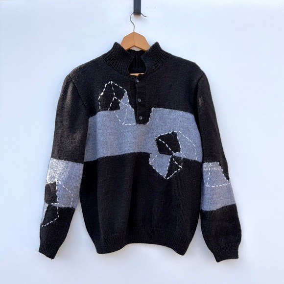Handmade Other - Sweater S Black Grey Polo Collar Abstract Patchwork Geometric Design Chunky Knit